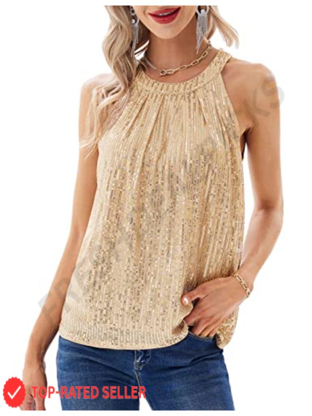 Sequin Halter Tank Top Sleeveless Ruched Sparkly Party Club Top